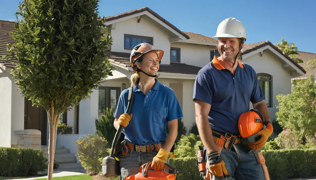 A tree removal provider cutting a large tree beside a stucco home in Burbank