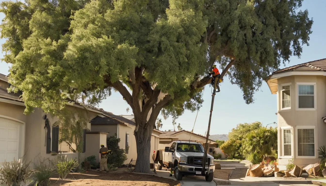 Provider crew safely removing a large backyard tree behind a stucco home in Burbank